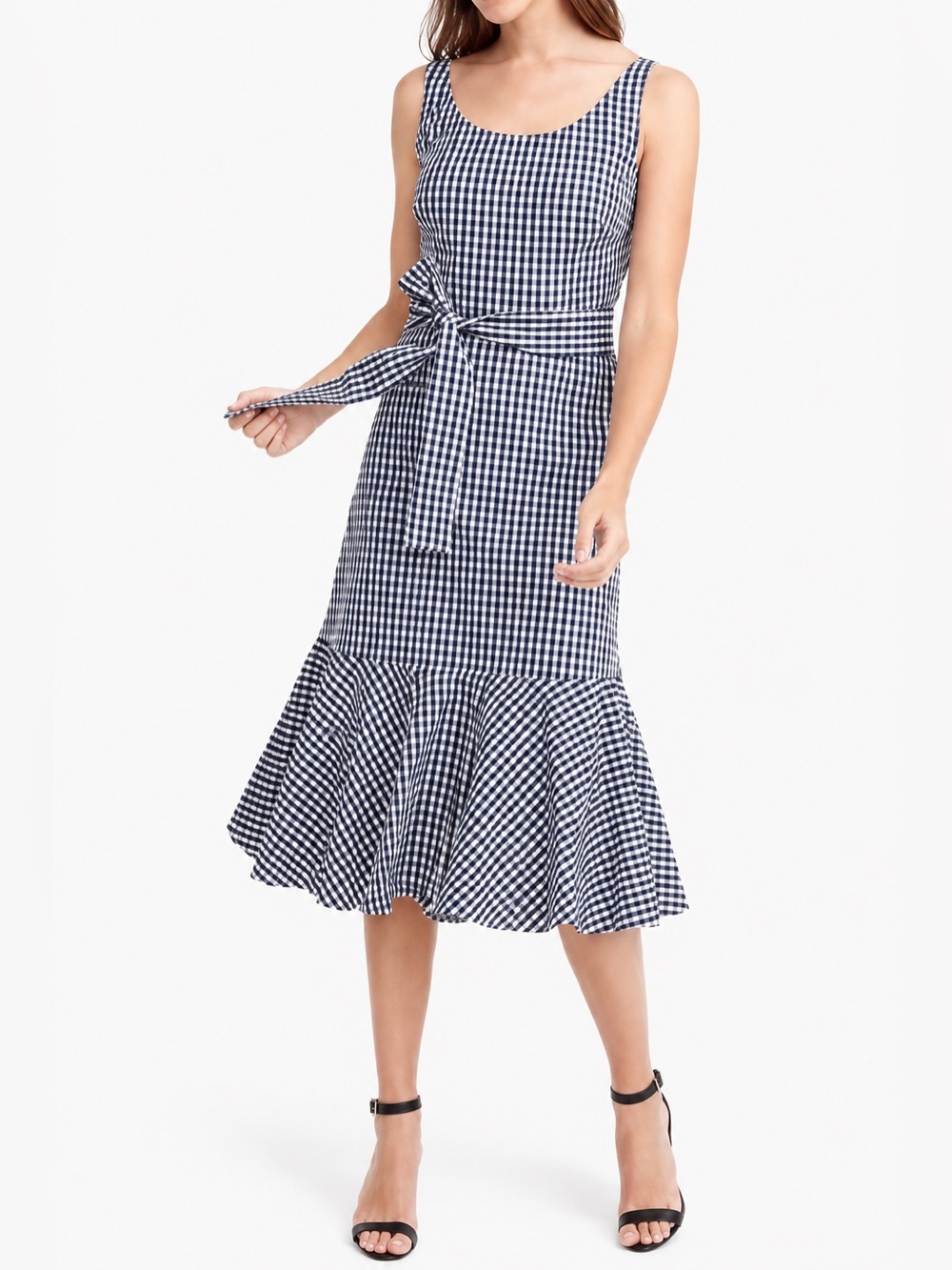 J.Crew Navy White Gingham Midi Dress Size 6 NWT Ruffle Hem Fit & Flare
